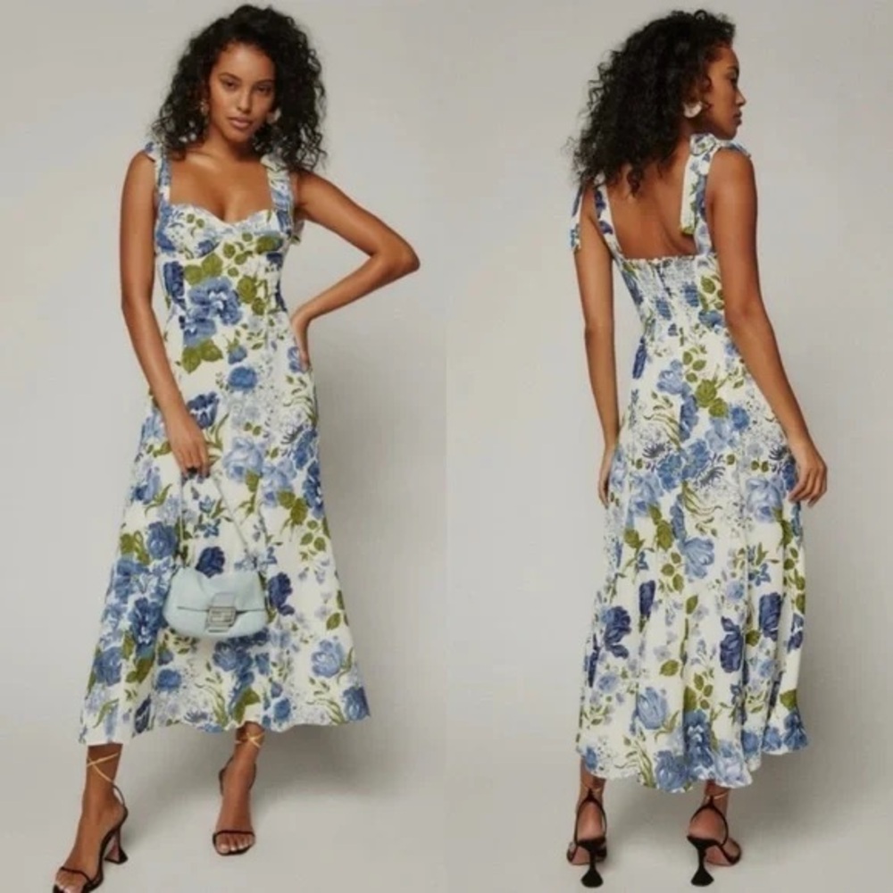 Reformation Blue and Green Floral Midi Dress. Size 4